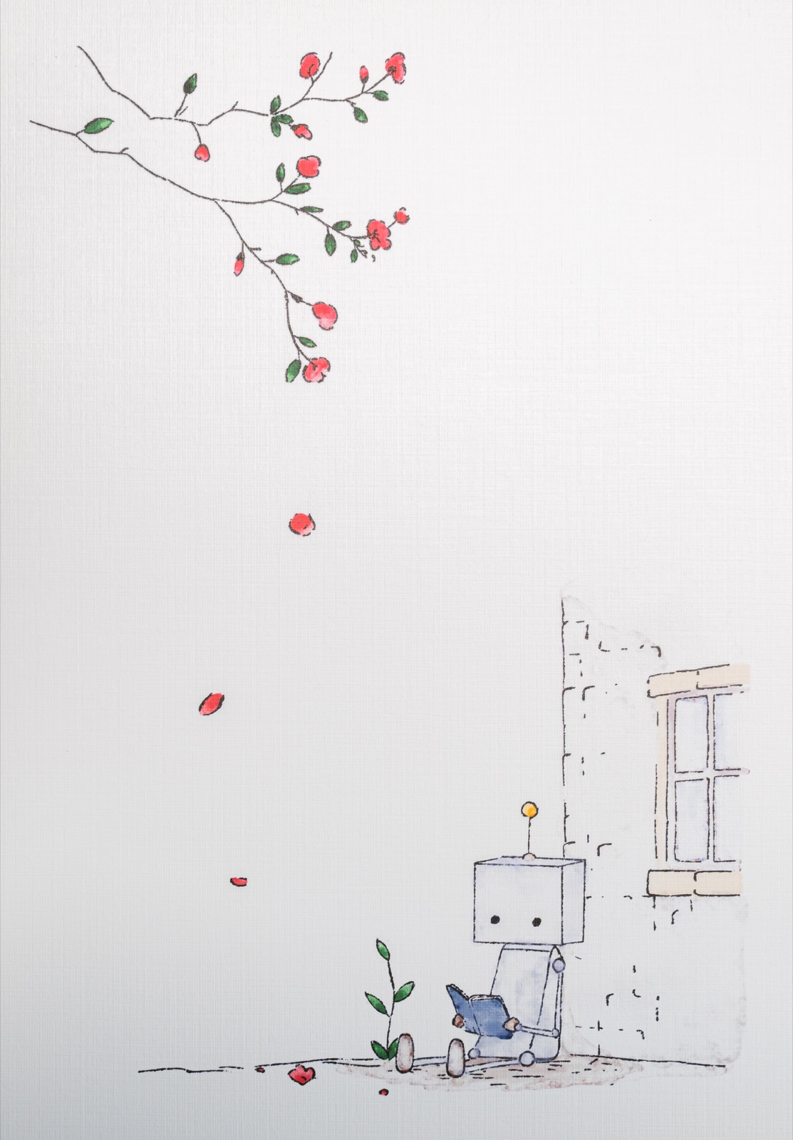장면 001, 그림: 돌담 옆에서 떨어지는 꽃잎 아래의 러비