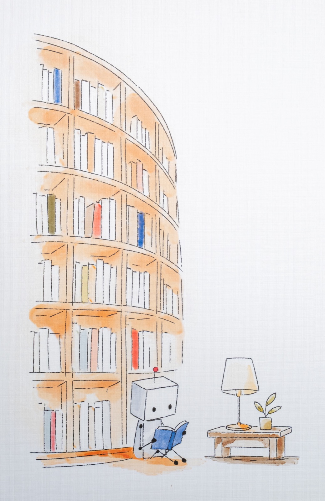 장면 003, 그림: 우뚝 솟은 도서관 아래에서 책을 읽는 러비