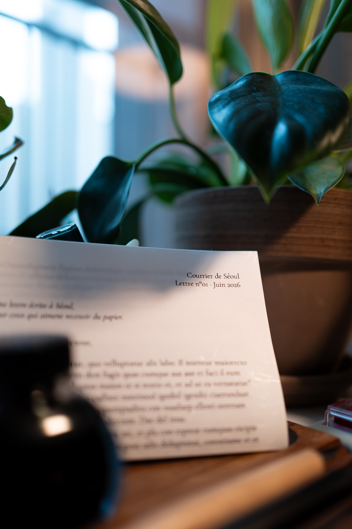 Lettre Courrier de Séoul imprimée sur papier hanji traditionnel, posée près d'une plante.