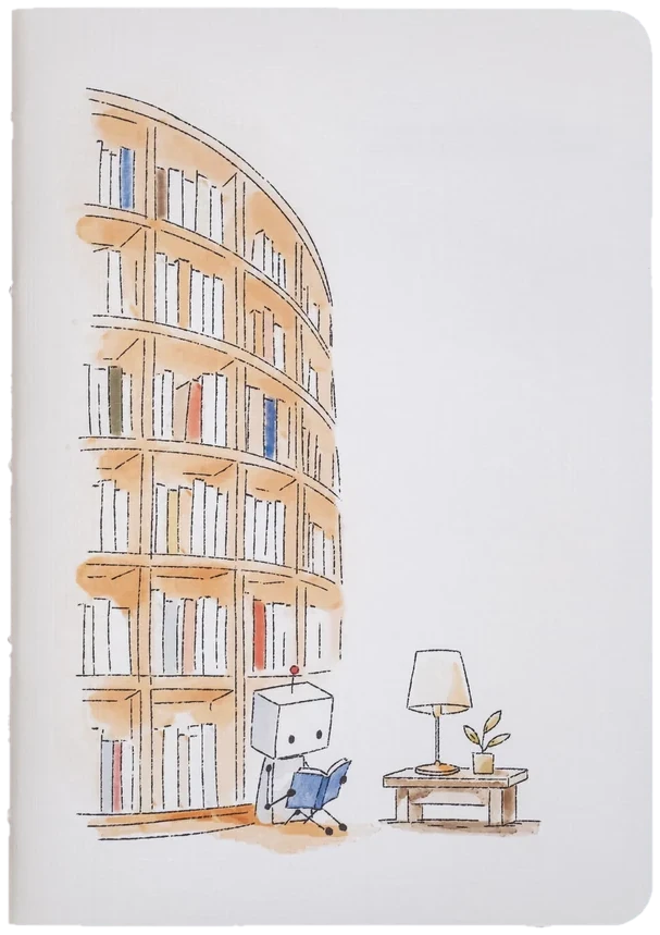 White Robey notebook with the library illustration, photographed on navy.